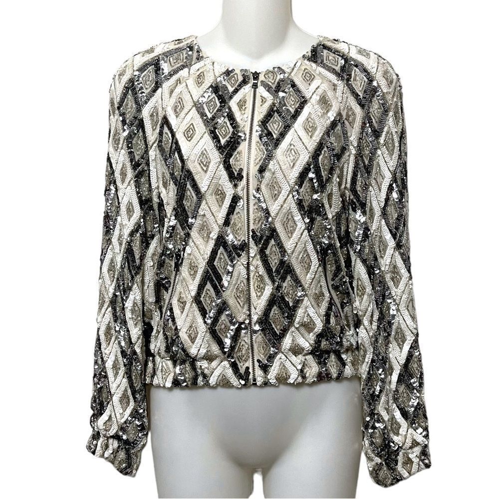 ALICE + OLIVIA by Stacey Bendet Silk Heavy Sequin Zip Front Jacket XS